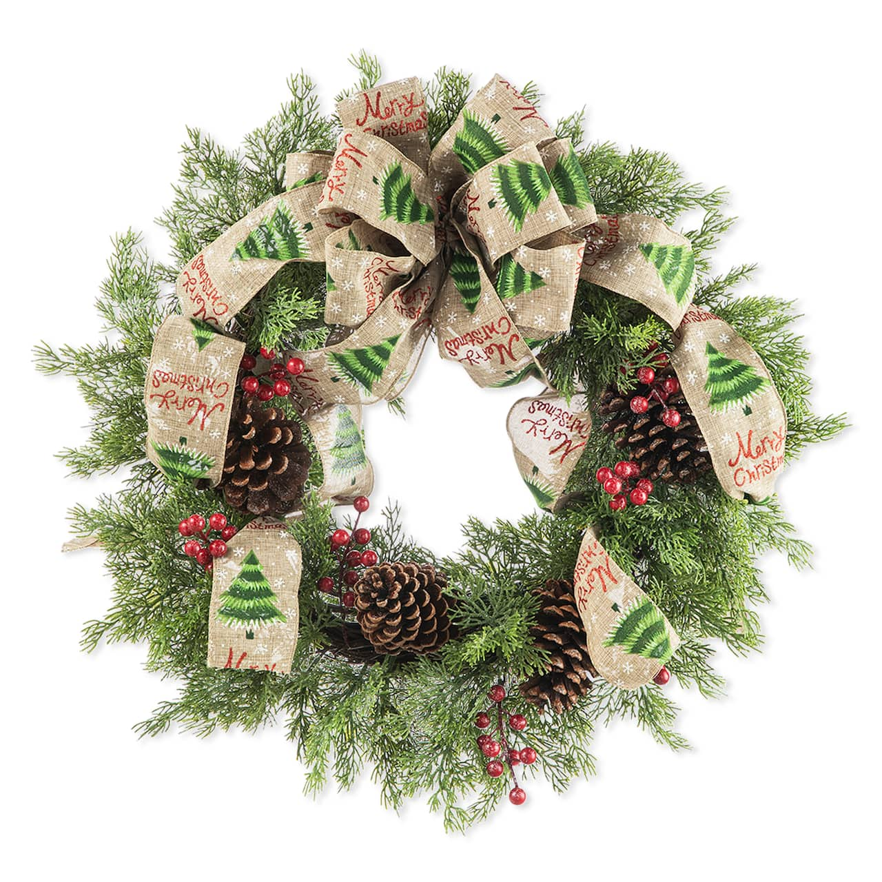 Glitzhome&#xAE; 24&#x22; Cypress Leaves &#x26; Pinecone Wreath with Ribbon &#x26; Bow